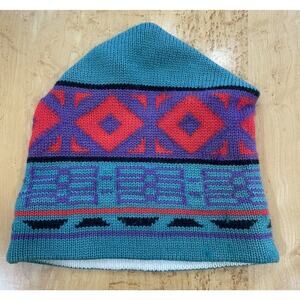 Vintage Igloo Wool Beanie Turquoise & Red Patterned Hat, Dense Knit, Warm